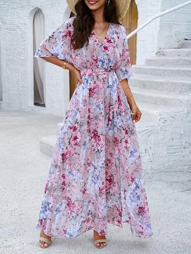 Womens Half Sleeve Wrap V Neck Chiffon Floral Casual Maxi Dress Spring Summer Wedding Guest Dresses for Women 20252