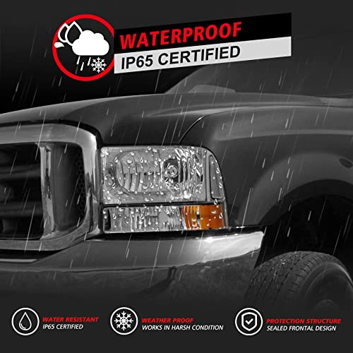 Roadeal Headlights Assembly For 1999 2000 2001 2002 2003 2004 Ford F250 F350 F450 F550 Super Duty / 2000-2004 Ford Excursion Sets Headlights+Bumper Lamps Chrome Housing #TOP4