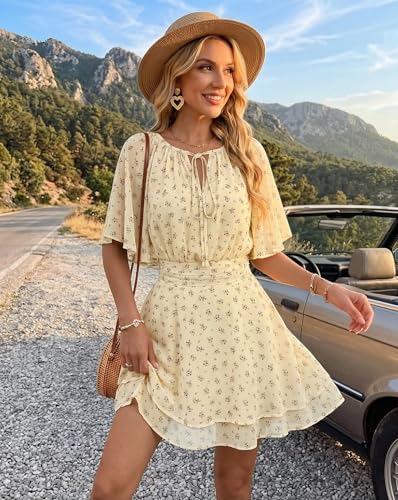 AIMCOO Summer Mini Dresses for Women Chiffon Floral Print Short Sleeve Ruffle Casual A Line Beach Vacation Sundresses Apricot XX-Large — view 2