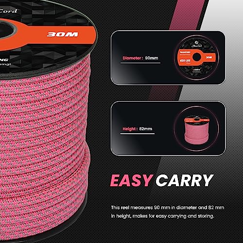 Abma Cord Paracord 620 lbs 4mm 9 Strands 100% Nylon 30M - Grey & Neon Pink, Diamond-grey & Neon Pink, 30 Meters - Image 2