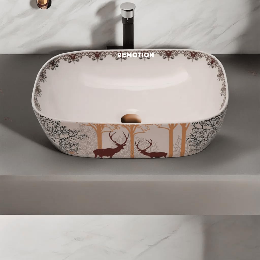 REMOTION Designer Table Top Wash Basin For Bathroom | Ceramic Bathroom Sink | Wash Basin Over Counter Bathroom Basin (18 X 13 X 5.5 Inch) (AD 15 Animal Printed) (B0CQ88L731) Amazon Price History, Amazon Price Tracker