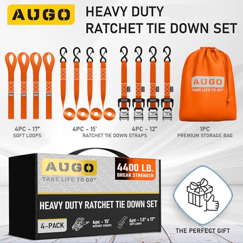 Image of AUGO Heavy Duty Ratchet Straps & Soft Loops - Pack of 4 Extra Strong 1.5 inch by 15' Ratchet Straps w /S-Hook Safety Latches & 4 Soft Loop Tie Downs - 4400Lb Break Strength for Motorcycles, ATVs, Etc.