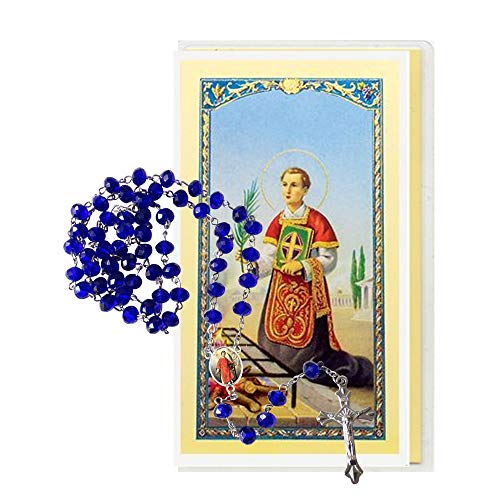 Saint Lawrence Patron of Cooks and Chefs Blue Quartz Crystal Faceted Rondelle 8mm Beads Rosary with Silver Plated Medal Centerpiece and Crucifix Includes a Prayer Card2