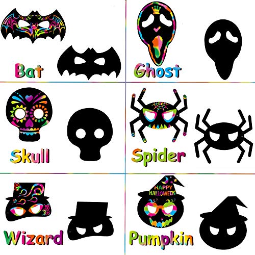 24 Pack Magic Scratch Paper Art Masks Set For Kids Rainbow Painting Diy Crafts Black Supplies Coloring Kits For Halloween Birthday Party Favors Creative Gift Bat Pumpkin Spider Wizard Hat Skull Ghost #TOP1