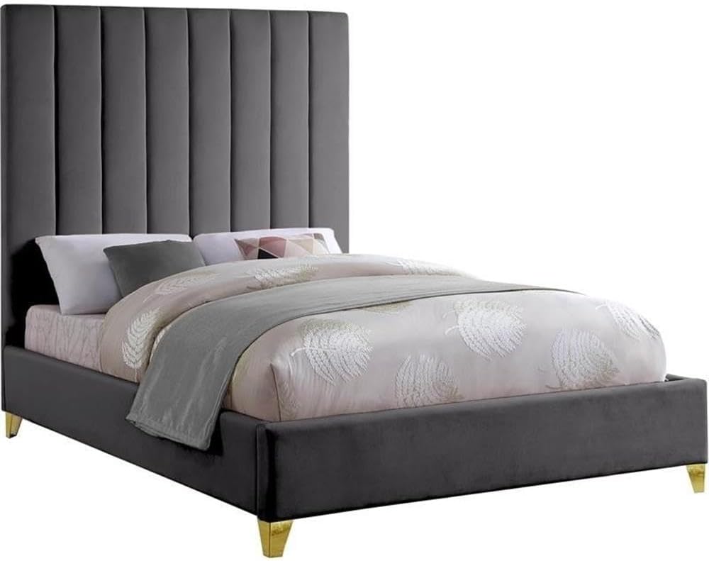 Meridian Furniture ViaNavy-K Via Collection Modern | Contemporary Velvet Upholstered King Bed, Rich Navy Velvet, Deep Channel Tufting, Gold and Chrome Legs, 81.5" W x 86" D x 70.5" H, Navy, King
