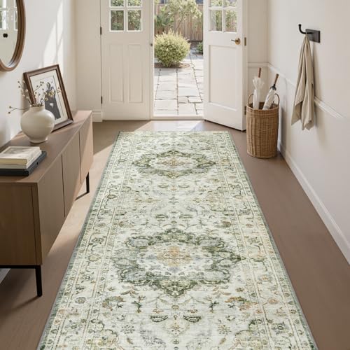 PADOOR-Vintage Runner Rug 2X10 Runners for Hallways-Soft Green Washable Bedside Rugs for Bedroom-Non Slip Long Rug for Hallways Entryway Laundry Room Stair Kitchen Bathroom Green 2' x 10' (R