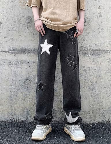 Men's Y2K Jeans Hip Hop Baggy Denim Pants Vintage Graphic Star Jeans Loose Fit Straight Trousers2