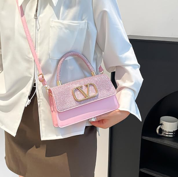 Designer Mini Handbag for Women, Glitter Top Handle Crossbody Purse with Gold V Logo, PU Leather, 8.7x4.9x2.6 Inch4