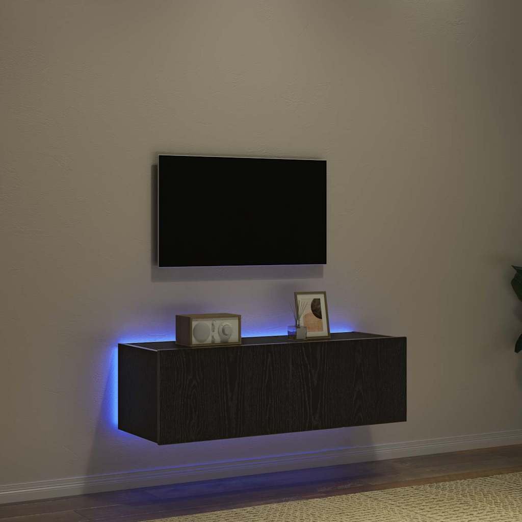 Szafka ścienna pod telewizor, zestaw 2 sztuk, wygląd czarnego dębu, 100 x 35 x 31 cm, nowoczesny regał wiszący do salonu, konsola medialna z oświetleniem LED