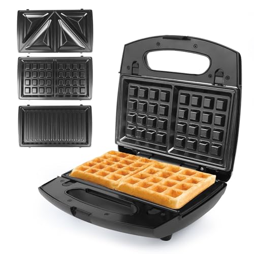 Sunvivi 3-in-1 Sandwich & Waffle Maker - 850W Electric Grill With Removable Plates, Glass Top & Cool-Touch Handle