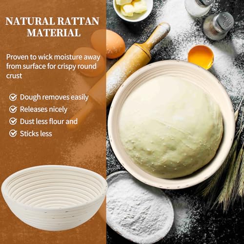 Image of Dimpola Banneton Bread Proofing Basket Banneton Basket Set Sourdough Proofing Basket Round Proofing Bowls Handmade Rattan Baskets and Liners (Round 9 inch Baking Set)
