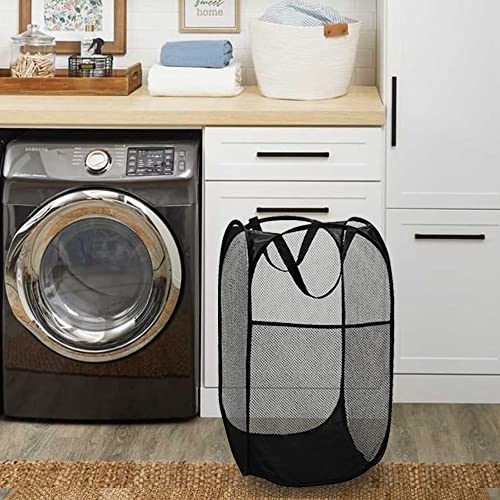 Image of BATTOO Deluxe Strong Mesh Pop up Laundry Hamper Basket with Side Pocket Foldable Hamper for Laundry Room, Bathroom, Kids Room, College Dorm or Travel Navy + Black