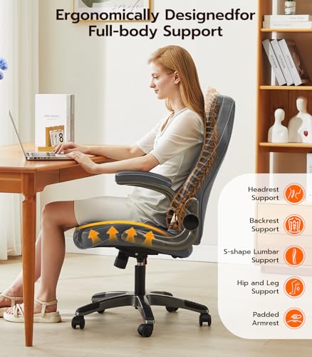 Office Desk Chair, Ergonomic Computer Chair with Padded Flip-Up Arms and Adjustable Lumbar Support, PU Leather Executive Chair with Tilt Lock and 360° Swivel Rolling Wheels for Work, Study