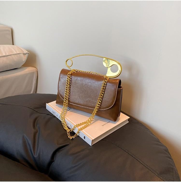 Women's Unique Safety Pin Crossbody Purse Leather Clutch Bag With Gold Handles Chain - Image 2