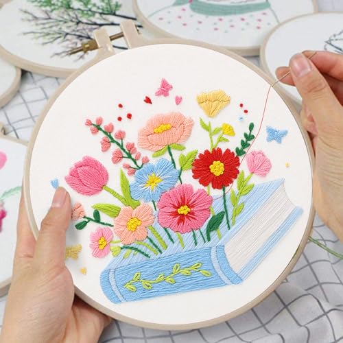 Image of Louise Maelys Floral & Book Embroidery Kit for Beginners DIY Craft Kit | Complete Needlepoint Kit with Embroidery Hoop, Printed Fabric, Color Threads, Needles and Instruction for Easy Hand Stitching