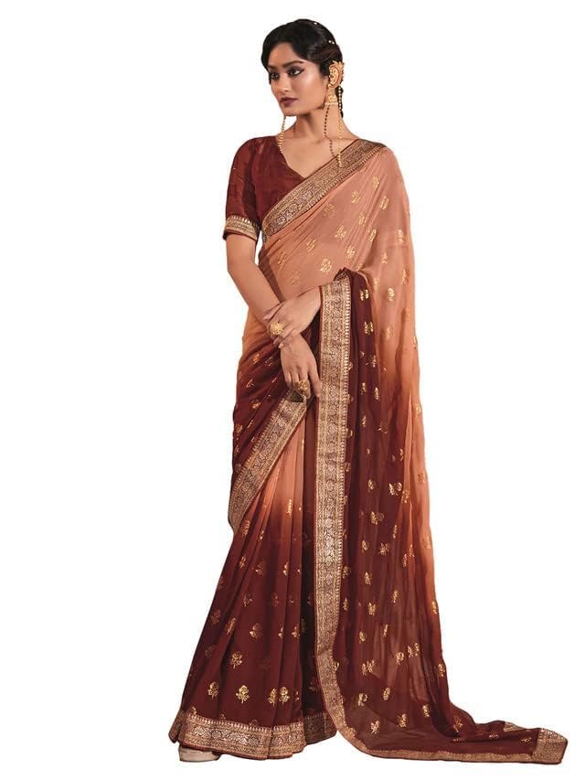Image of SIRIL Women's Lace & Foil Printed Georgette Saree with Unstitched Blouse Piece(2826S474 Maroon, Peach)