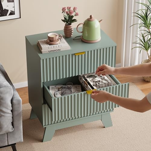 Image of Fluted Nightstand Sets of 2 with 3 Large Drawers, Wooden Side End Table with Elevated Legs for Easy Cleaning, Sturdy Modern Beside Table for Small Space, Bedroom, Green, 24 inch L