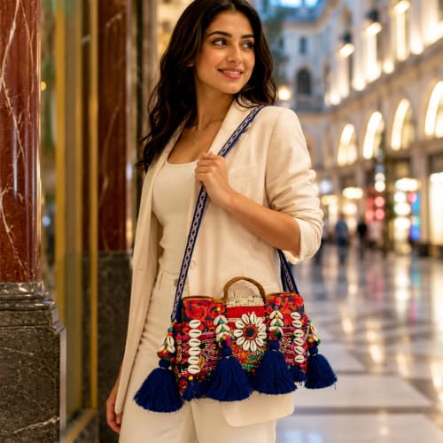 Image of MOMISY Handicraft Handmade Cotton Ethnic Rajasthani Embroidered Banjara Bags for Women Sling Clutch with Handle Purses for Ladies Girls