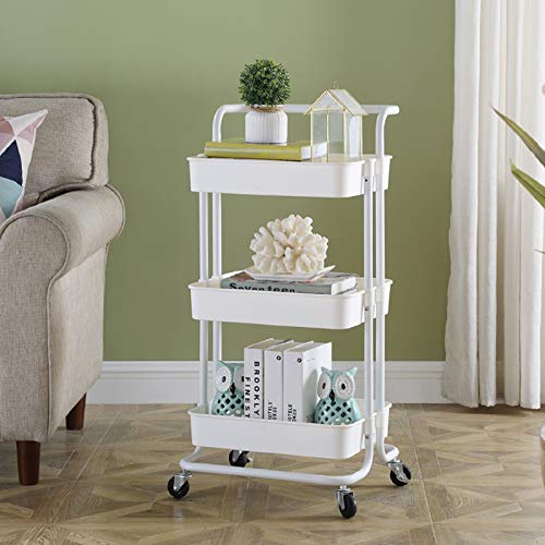 Household Storage Trolley, Utility Cart with Wheels, 3 Tier Rolling Cart, Service Trolley Cart, Mobile Storage Cart, Removable Utility Organizer Cart, Craft Cart for Kitchen, Office, Bathroom, White