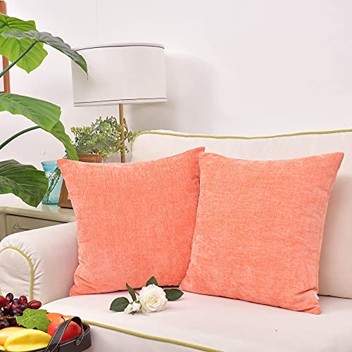 Image of CaliTime Pack of 2 Cozy Throw Pillow Covers Cases for Couch Sofa Home Decoration Solid Dyed Soft Chenille 22 X 22 Inches Cantaloupe