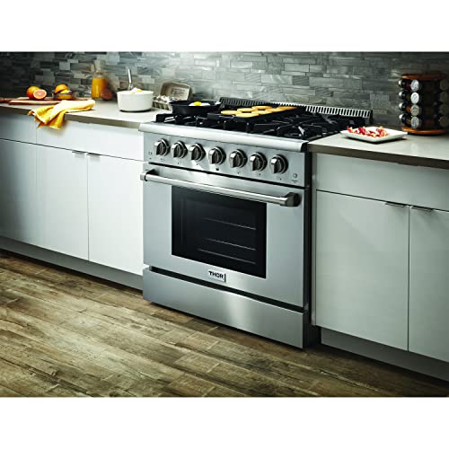 Thor Kitchen Hrg3618U 36 In. Freestanding Professional Style Gas Range With 5.2 Cu. Ft. Oven, 6 Burners, Convection Fan, Cast Iron Grates, & Blue Porcelain Oven Interior, In Stainless Steel #TOP5