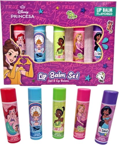 Disney Princess Lip Balm Set 5 Flavored Lip Balms for Kids Cherry Sugar Apple Strawberry & Grape Ariel Cinderella Tiana Rapunzel & Jasmine Fun Moisturizing Lip Care Gift Set for Girls