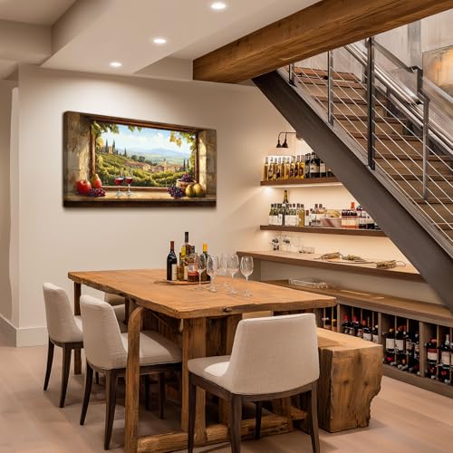 crmotu Vineyard Large Wall Art, Faux Window Canvas Prints of Wine Country, Grape Farms Beyond the Vintage Windowsill, Rustic Dining Room Kitchen Wall Decor, Restaurant Home Bar Decoration 24x48 Inch