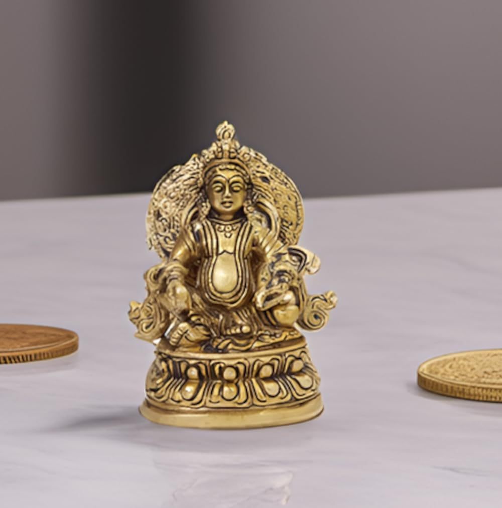 Purpledip Brass Statue Kubera (Hindu God of Wealth & Prosperity): Kuber Vaisravana Sarvanubhuti Idol in Pure Brass (12408)