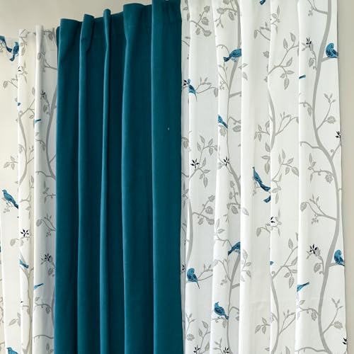 Image of Tranquebar Curtain Co. Cotton Curtains 7 Feet Long Set of 3, 60-65% Room Darkening, Blue Bird Print, Door Curtains 7 Feet Set of 3, BackTabs, Yori Blue Combo (213 cm) - Set of 3