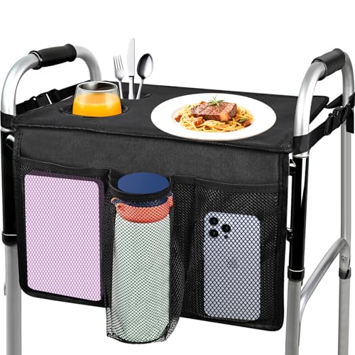 Cejiuga Walker Tray for Folding Walker Premium Tray for Walker for Seniors with Cup Holder Walker Trays for Rolling Folding Walker Walker Accessories for Seniors (Black)