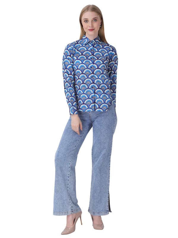 Image of For U Women Blue Cotton Printed Shirt