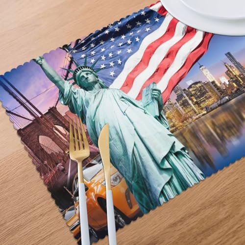 USA Touristic Concept Statue of Liberty NYC Cityscape Flag Cars Illustration 6-Piece Set of Washable Woven Placemats