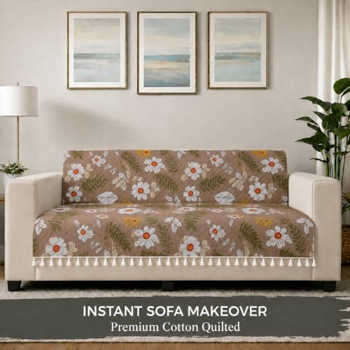 Image of STITCHNEST 'Frostvine Collection' 3 Seater Sofa Cover - Full Coverage| Cotton Quilted Fabric, Decorative Tassels, Washable & Durable for Modern Living