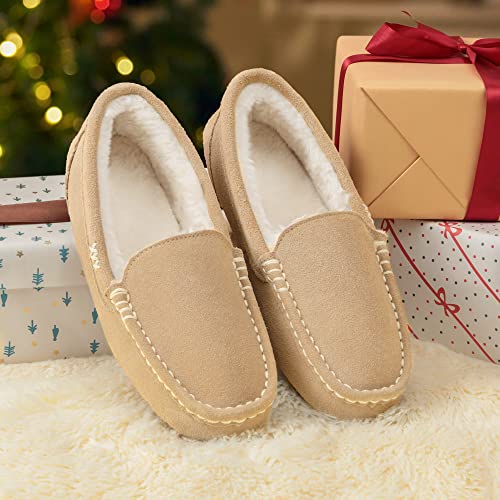 DREAM PAIRS Women's Fuzzy House Slippers Cozy Faux Fur Micro Suede Moccasins Slip on Loafer Shoes for Indoor and Outdoor,Size 9,Sand,AUZY-01