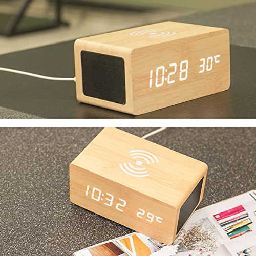 Reloj despertador digital con altavoz Bluetooth y carga inalámbrica para teléfonos inteligentes, versátil y elegante dispositivo para el hogar