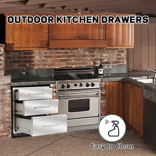 Image of Outdoor Kitchen Drawers 18''Wx 24''H x 23''D Stainless Steel Drawer BBQ Triple Drawers with Chrome Handle for Outdoor Kitchen Island, Patio Grill Station
