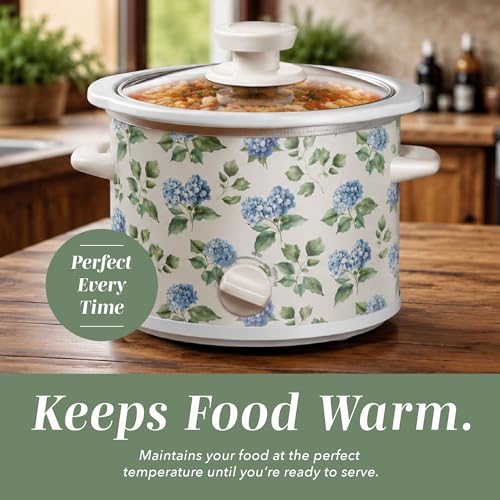 Image of COOK WITH COLOR 2QT Mini Electric Round Slow Cooker - Adjustable Settings, Removable Stoneware Pot, Tempered Glass Lid, Dishwasher Safe, Cool-Touch Side Handles, Floral Blue /Green