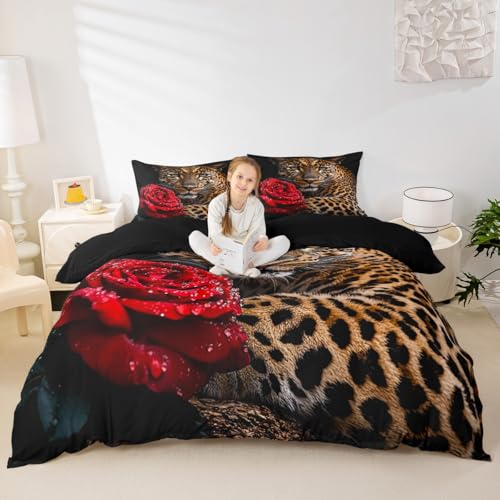 Erosebridal Leopard Comforter Cover Twin (No Stuffing),Red Rose Wedding Valentine's Day Bedding Sets Wild Animal Cheetah Print Duvet Cover Set Romantic Quilt Cover 1 Pillow Case for Couple Men Women