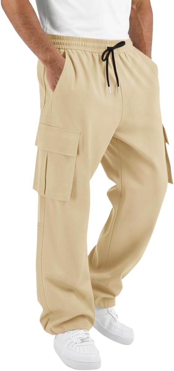Runcati Mens Cargo Pants Hiking Athletic Joggers Sweatpants Elastic Waist Drawstring Casual Trousers with Multi Pockets