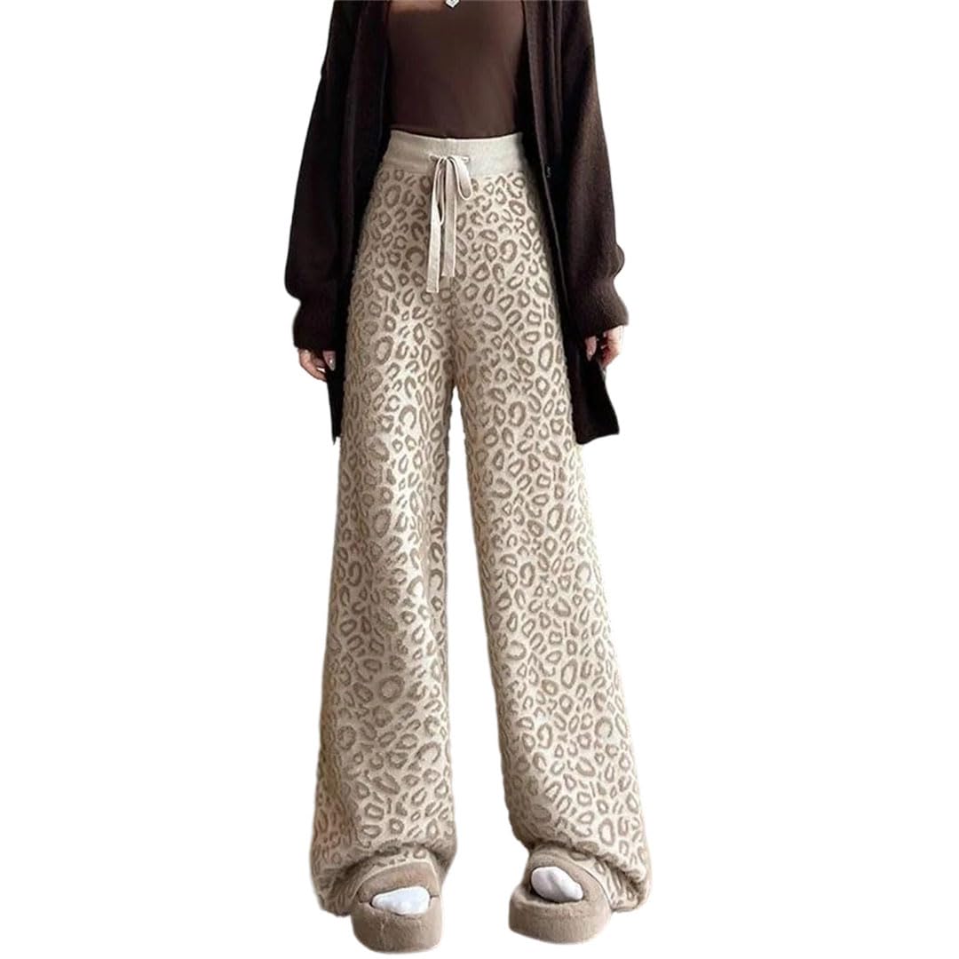 Women Knitted Wide Leg Fleece High Waist Straight Long Thickened Pants