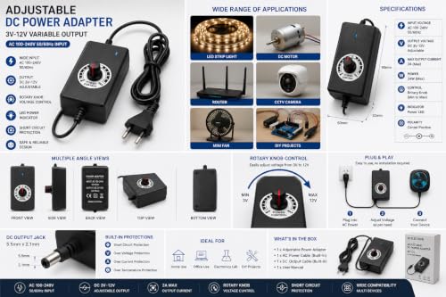 Image of Adjustable DC 3V-12V 2A Power Adapter, AC 100-240V 50 /60Hz Input, Variable Voltage Power Supply with Rotary Knob, 5.5mm Cable for DC Motor, LED Strip, CCTV Camera, Router & DIY Electronics