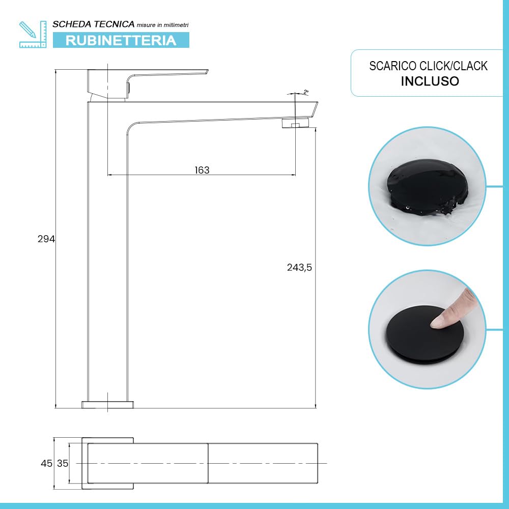 Set Miscelatori per Lavabo Alto e Bidet in Ottone Nero Opaco Linea Kubo con Pilette Click Clack e Kit Montaggio