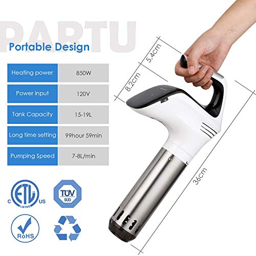 Sous Vide Cooker, PARTU Thermal Immersion Circulator with Precise Temperature and Time Control, Stainless Steel Body with Removable Clamp, Ultra-Quiet, 850W