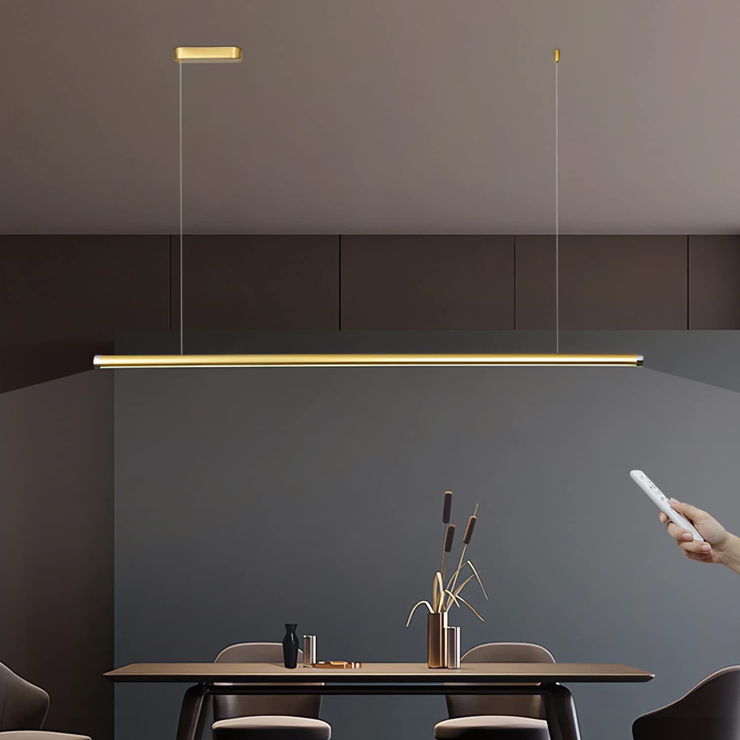 WERSVG Pendant Light LED Hanging Lamp Dining Table Modern Minimalist Dimmable Linear Design Pendant Lamp with Remote Control Kitchens Office Bar Dining Room Adjustable Ceiling Lamp (Gold, 100cm)
