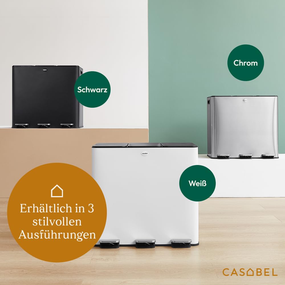 CASABEL Dreifach-Küchenabfalleimer 3x20L, 3 Pedale, Edelstahl, weiß | Dreifachfach, Mülltrennung, 60L, dichte Deckel, fingerabdruckresistent, herausnehmbare Eimer, pflegeleicht
