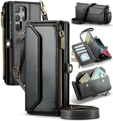 Strapurs Crossbody Wallet Case Compatible with Samsung Galaxy S22 Ultra 5G RFID Blocking 10-Card Holder Soft PU Leather Magnetic Snap Strap Zipper Pocket Phone Case Fit for Galaxy S22 Ultra - Black