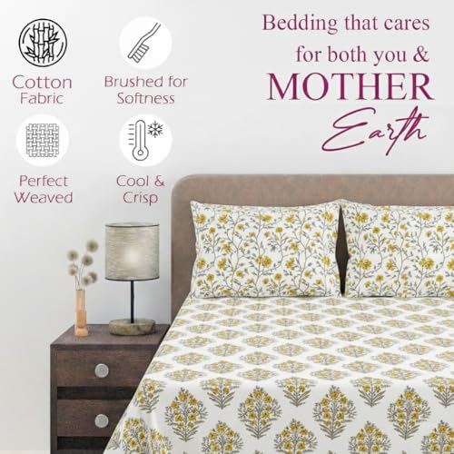 Image of Trance Home Linen Jaipuri Design 180TC 100% Cotton King Size Printed Bedsheet | Bedding Set of King Size Flat Bed Cover with 2 Pillow Covers (108x108 inch | 9ft x 9ft - Madhuban Yellow)