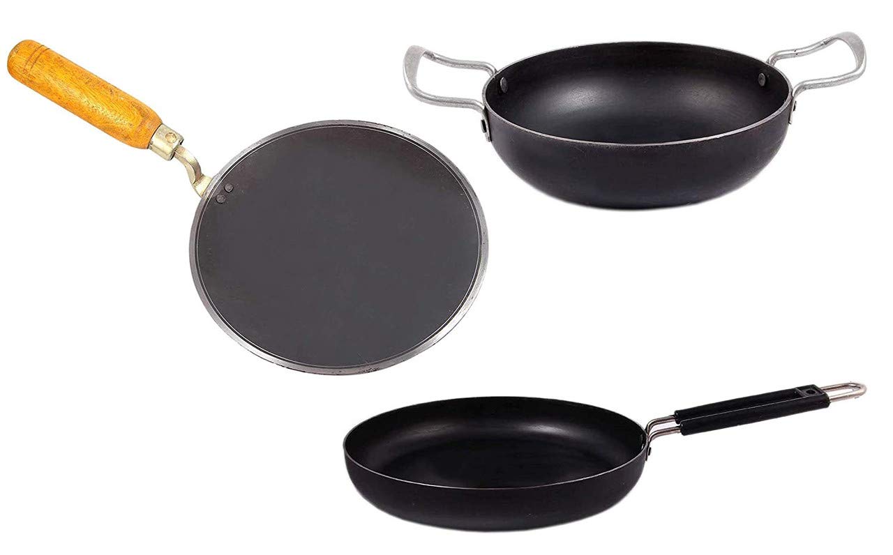 KITCHEN SHOPEE Iron 3 pes Cookware Set combo deep Kadai Frying Heavy Base Cooking Multipurpose use With Handle 10 in kadhai 9 in roti tawa 10 in iron Fry Pan Color Black Induction Friendly 5 liters KITCHEN SHOPEE Iron 3 pes Cookware Set combo deep Kadai Frying Heavy Base Cooking Multipurpose use With Handle 10 in kadhai 9 in roti tawa 10 in iron Fry Pan Color Black Induction Friendly 5 liters