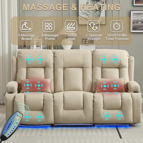 Image of URRED Power Loveseat Recliner Sofa with Massage and Heat, Wall Hugger Reclining Loveseat with Console, RV Couch Home Theater Seating with LED Lights for Living Room (Beige, 76.8 inch - 3 Seats)