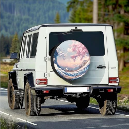 Image of Spare Tire Cover PU Leather, Weatherproof Wheel Cover with Ukiyo-e Print Waterproof Dust-Proof Universal for Jeep Trailer RV SUV Camper Vehicle 17-Inch Fits Tire Diameter 31.6 inch-32.5 inch